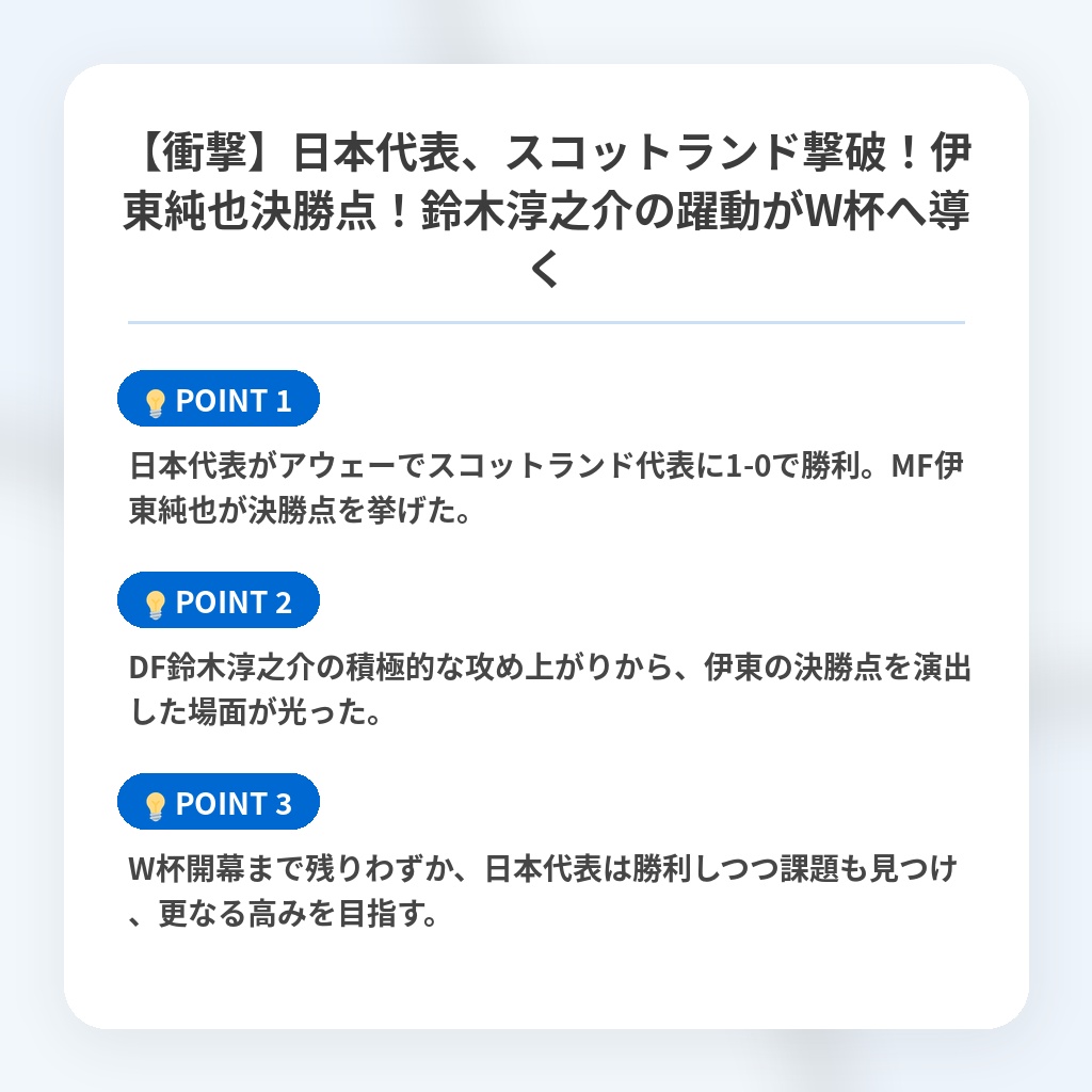 【衝撃】日本代表、スコットランド撃破!伊東純也決勝点!鈴木淳之介の躍動がW杯へ導くの注目ポイントまとめ