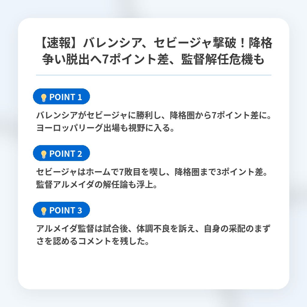 【速報】バレンシア、セビージャ撃破!降格争い脱出へ7ポイント差、監督解任危機もの注目ポイントまとめ