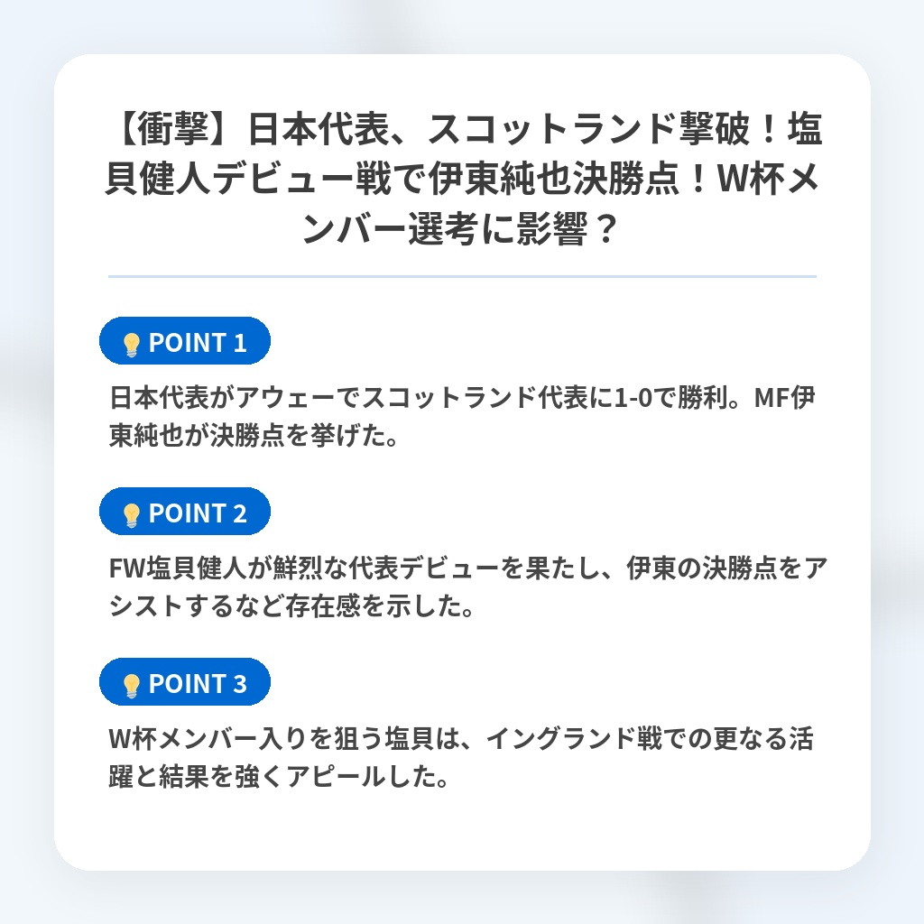 【衝撃】日本代表、スコットランド撃破！塩貝健人デビュー戦で伊東純也決勝点！W杯メンバー選考に影響？の注目ポイントまとめ