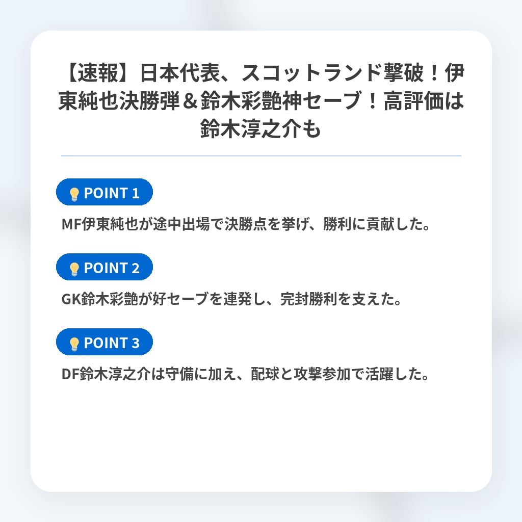 【速報】日本代表、スコットランド撃破!伊東純也決勝弾&鈴木彩艶神セーブ!高評価は鈴木淳之介もの注目ポイントまとめ