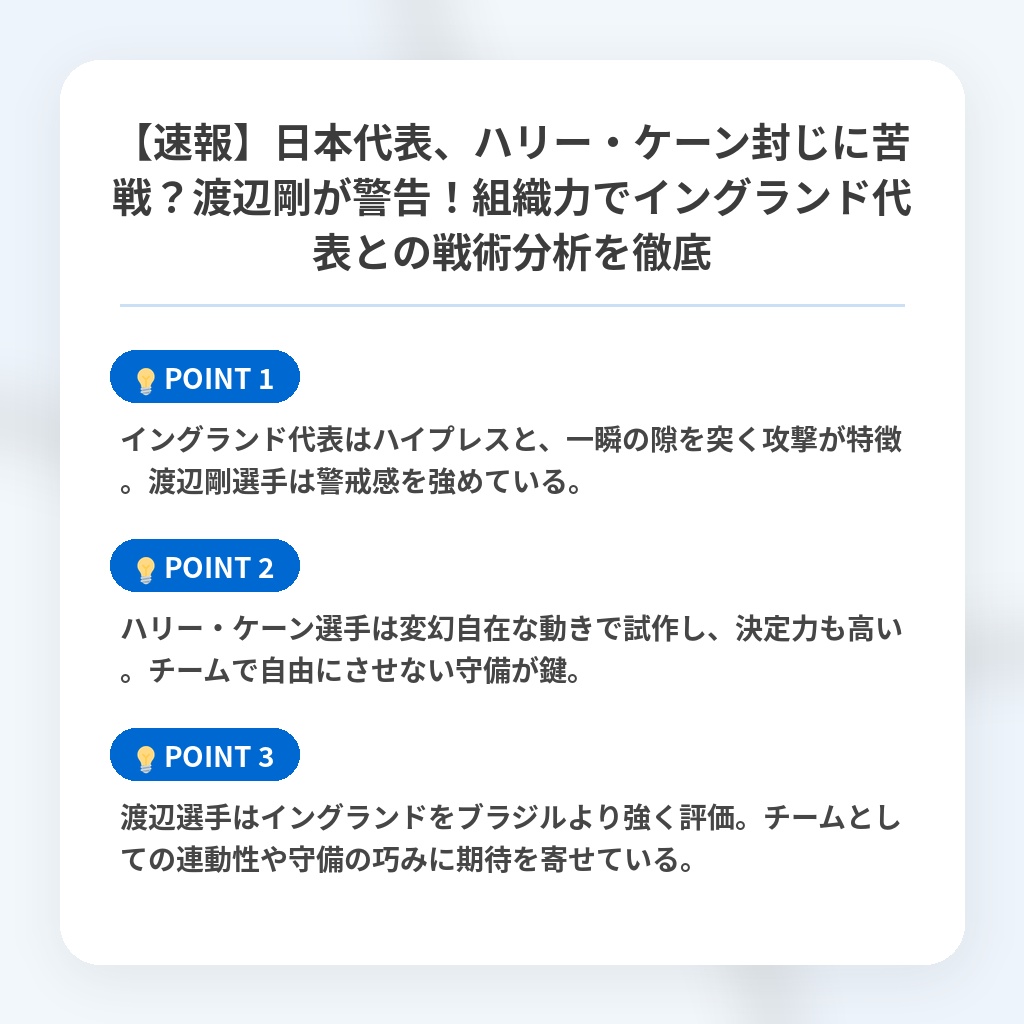 【速報】日本代表、ハリー・ケーン封じに苦戦?渡辺剛が警告!組織力でイングランド代表との戦術分析を徹底の注目ポイントまとめ