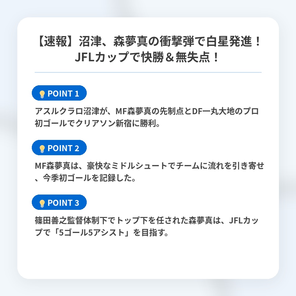 【速報】沼津、森夢真の衝撃弾で白星発進！JFLカップで快勝＆無失点！の注目ポイントまとめ