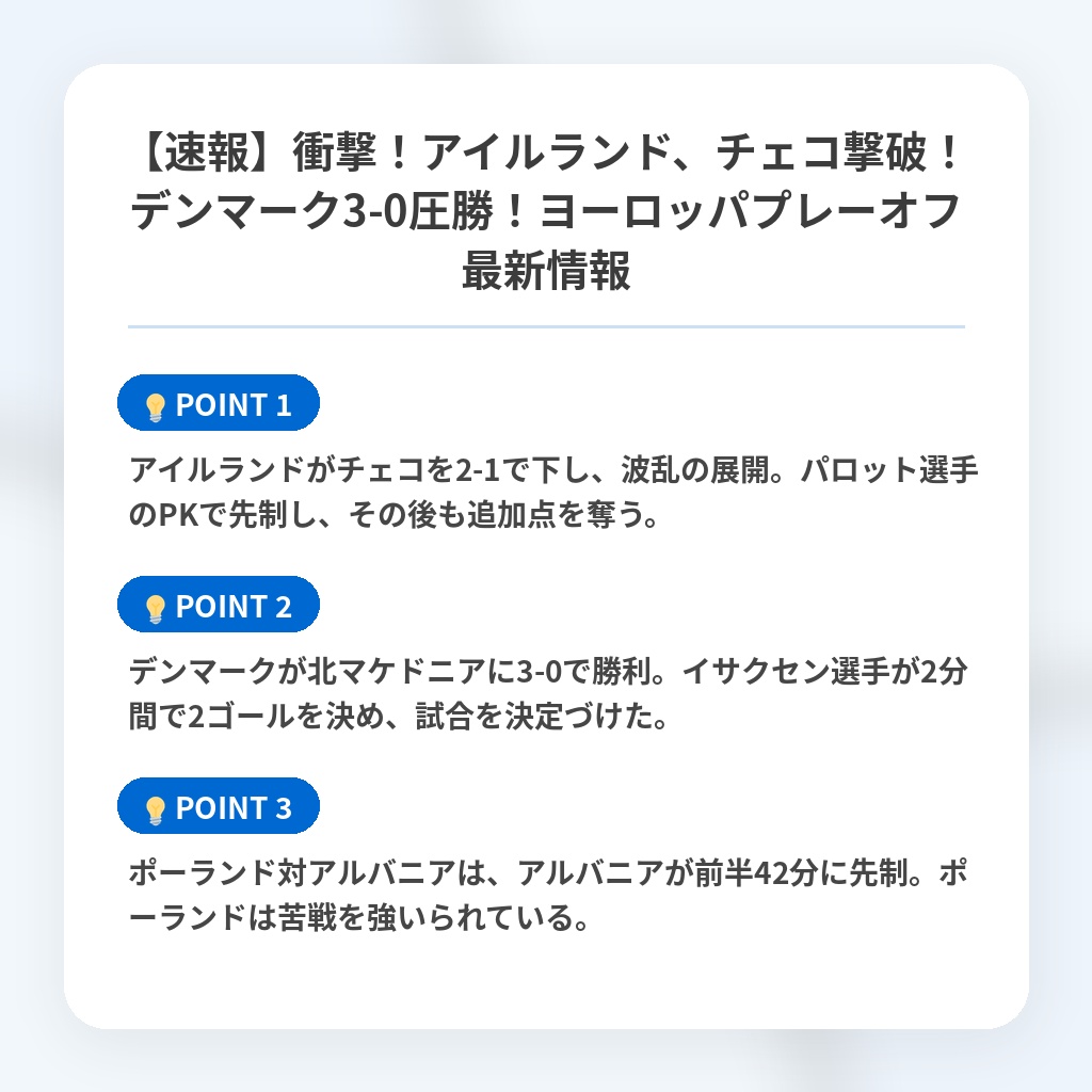 【速報】衝撃!アイルランド、チェコ撃破!デンマーク3-0圧勝!ヨーロッパプレーオフ最新情報の注目ポイントまとめ