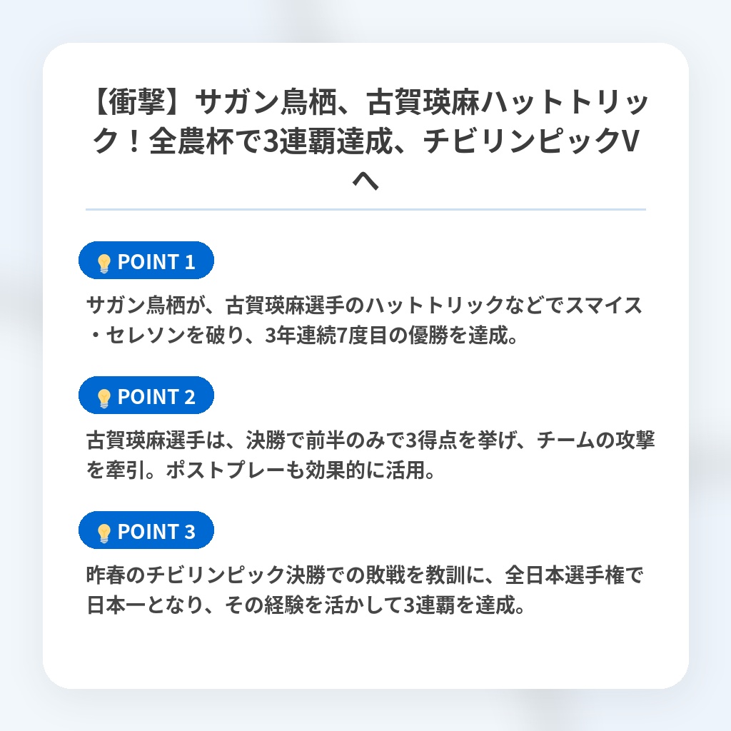 【衝撃】サガン鳥栖、古賀瑛麻ハットトリック！全農杯で3連覇達成、チビリンピックVへの注目ポイントまとめ