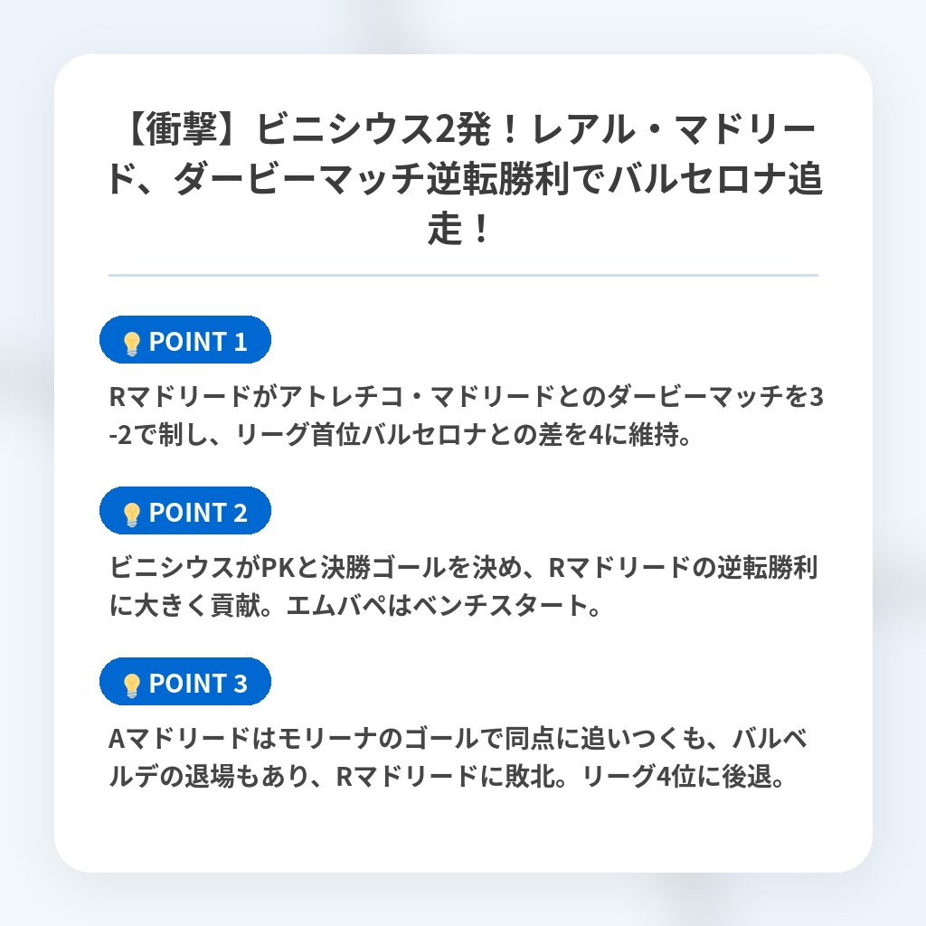 【衝撃】ビニシウス2発!レアル・マドリード、ダービーマッチ逆転勝利でバルセロナ追走!の注目ポイントまとめ