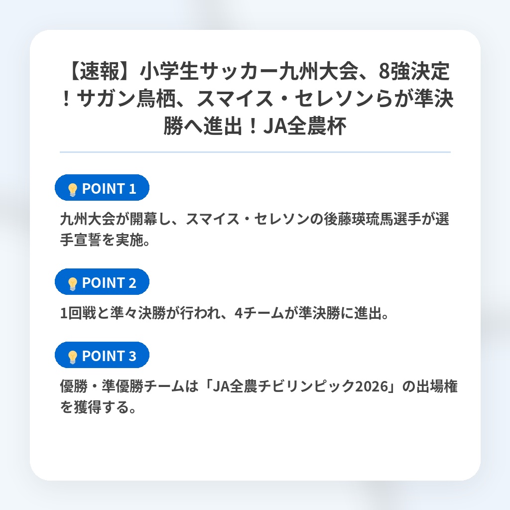 【速報】小学生サッカー九州大会、8強決定!サガン鳥栖、スマイス・セレソンらが準決勝へ進出!JA全農杯の注目ポイントまとめ
