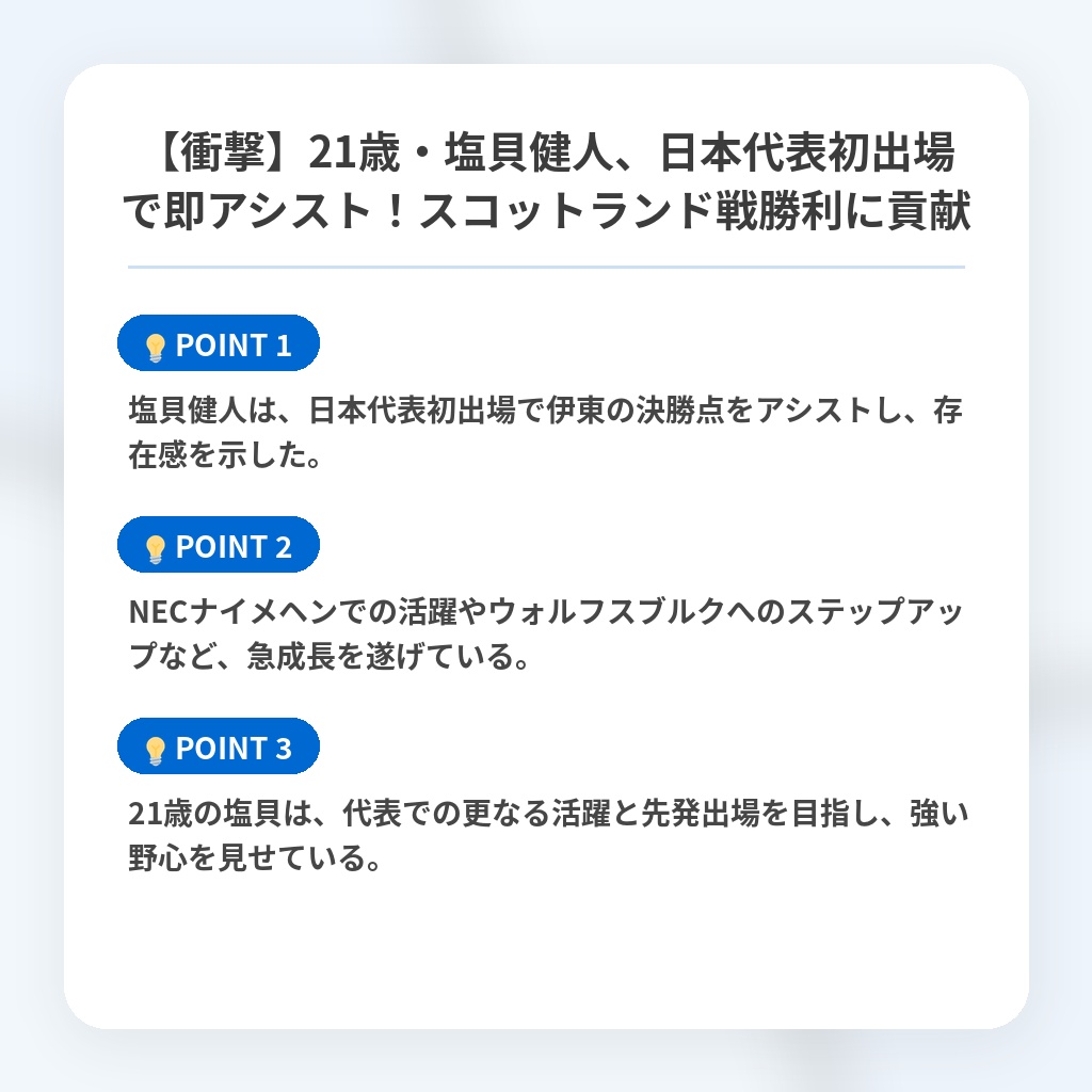 【衝撃】21歳・塩貝健人、日本代表初出場で即アシスト!スコットランド戦勝利に貢献の注目ポイントまとめ