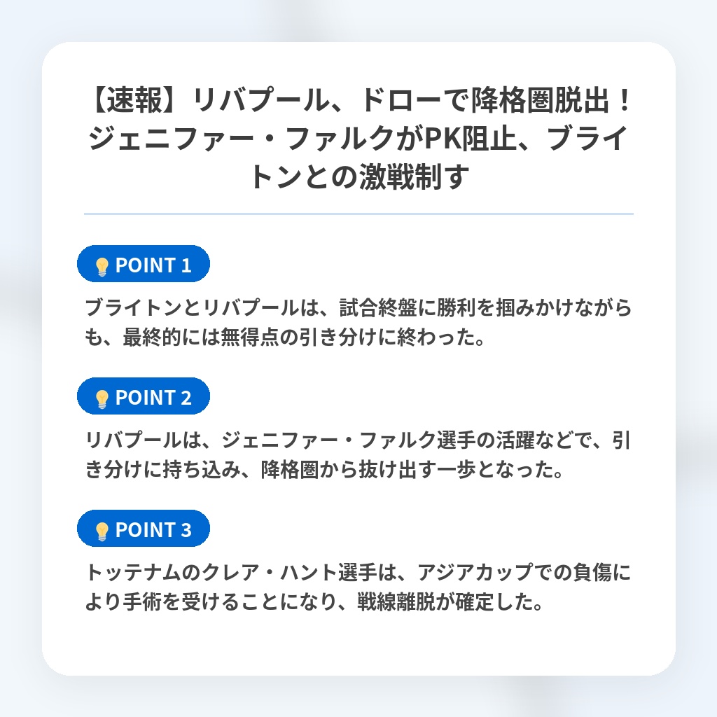 【速報】リバプール、ドローで降格圏脱出！ジェニファー・ファルクがPK阻止、ブライトンとの激戦制すの注目ポイントまとめ