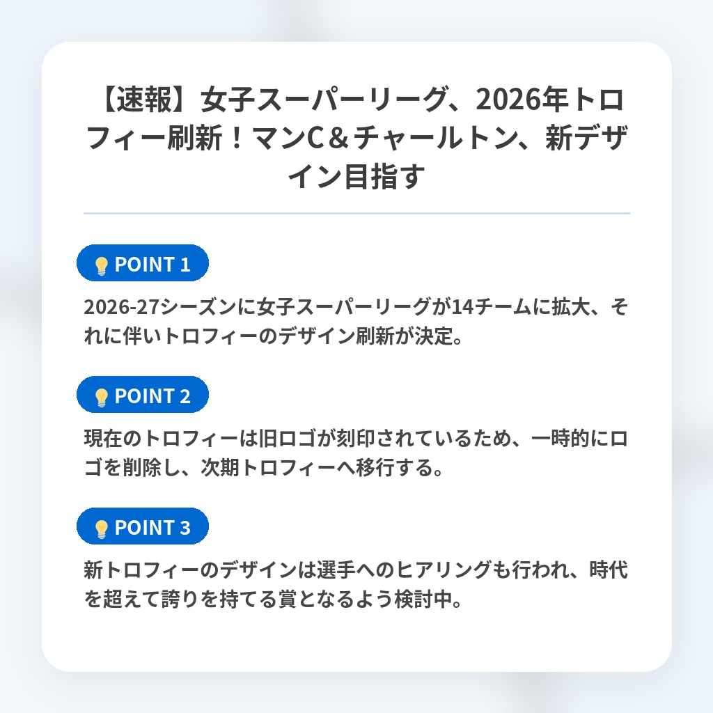 【速報】女子スーパーリーグ、2026年トロフィー刷新！マンC＆チャールトン、新デザイン目指すの注目ポイントまとめ