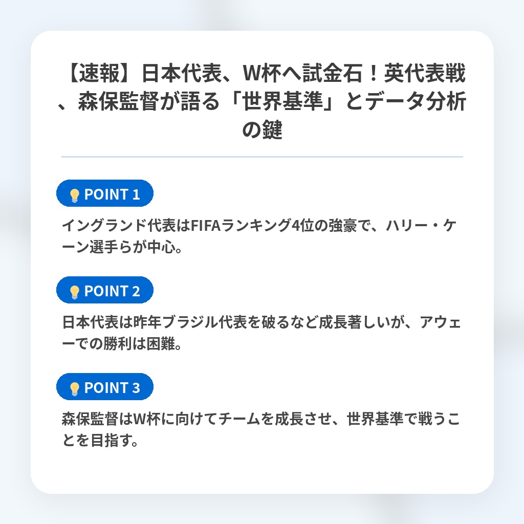 【速報】日本代表、W杯へ試金石!英代表戦、森保監督が語る「世界基準」とデータ分析の鍵の注目ポイントまとめ