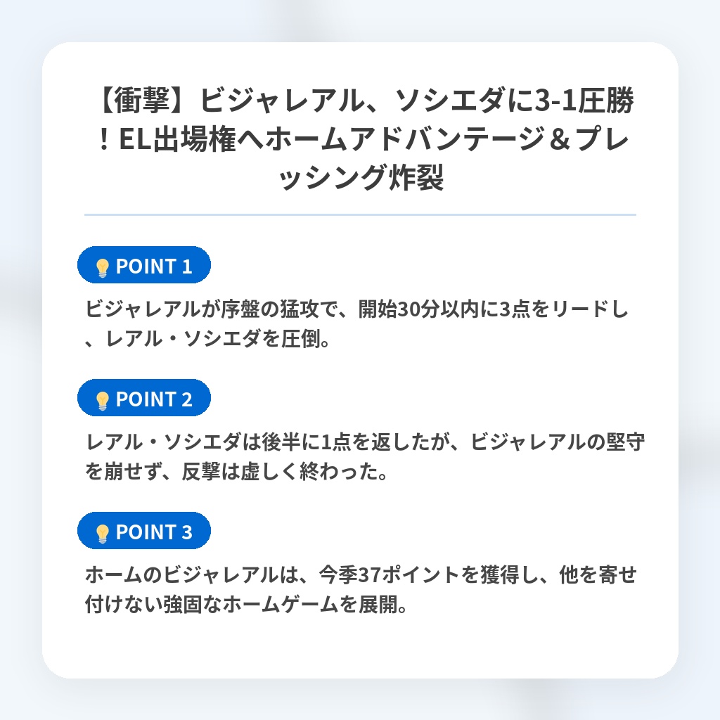 【衝撃】ビジャレアル、ソシエダに3-1圧勝!EL出場権へホームアドバンテージ&プレッシング炸裂の注目ポイントまとめ