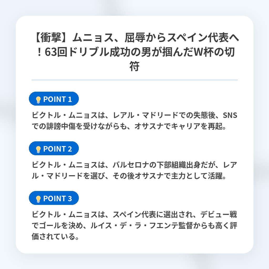 【衝撃】ムニョス、屈辱からスペイン代表へ！63回ドリブル成功の男が掴んだW杯の切符の注目ポイントまとめ