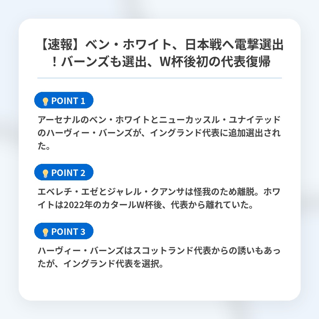 【速報】ベン・ホワイト、日本戦へ電撃選出！バーンズも選出、W杯後初の代表復帰の注目ポイントまとめ