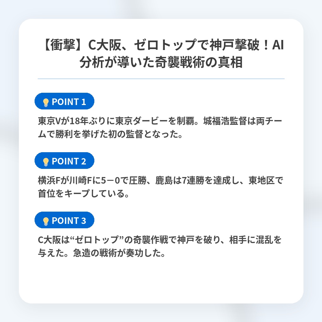 【衝撃】C大阪、ゼロトップで神戸撃破！AI分析が導いた奇襲戦術の真相の注目ポイントまとめ