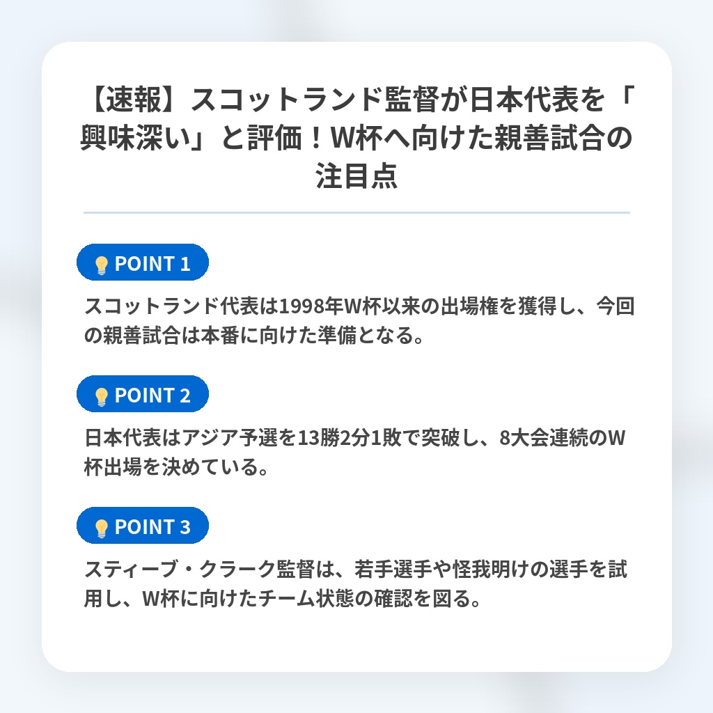 【速報】スコットランド監督が日本代表を「興味深い」と評価！W杯へ向けた親善試合の注目点の注目ポイントまとめ
