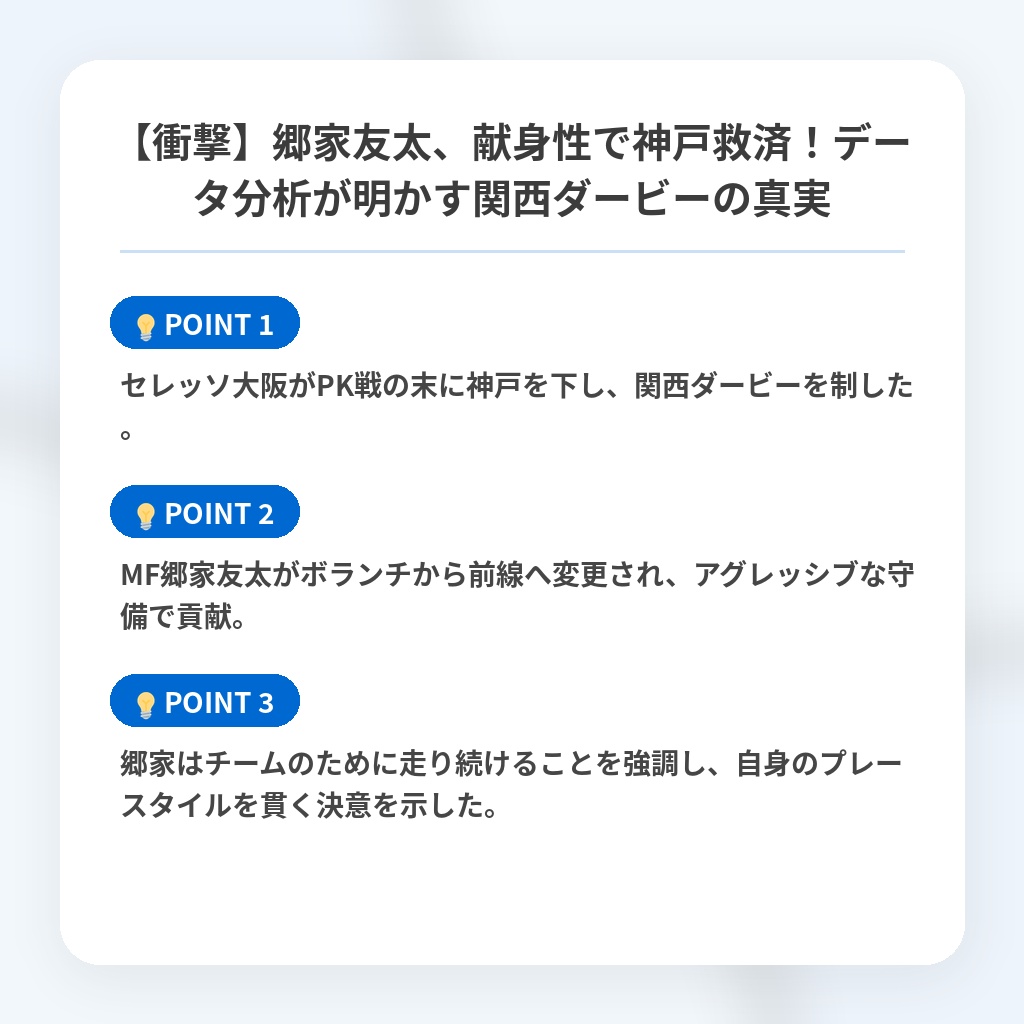 【衝撃】郷家友太、献身性で神戸救済!データ分析が明かす関西ダービーの真実の注目ポイントまとめ