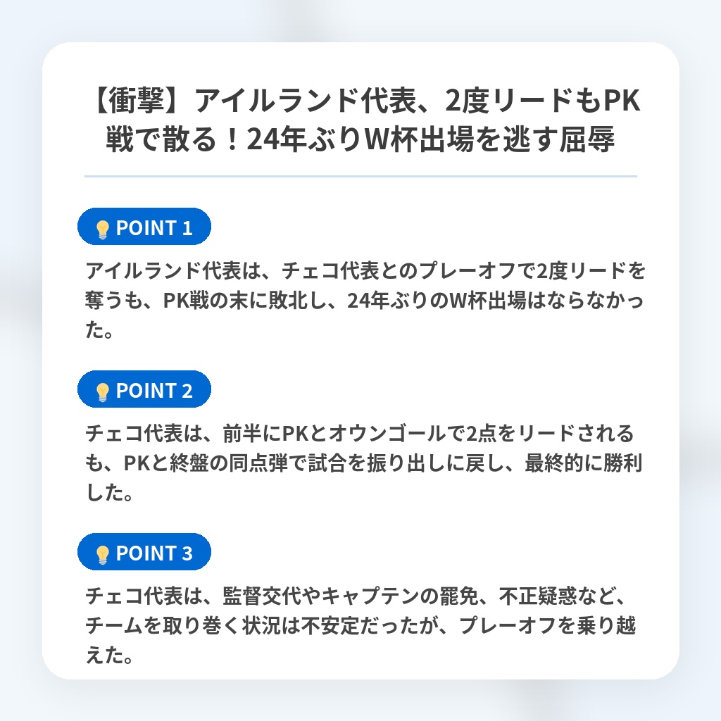 【衝撃】アイルランド代表、2度リードもPK戦で散る!24年ぶりW杯出場を逃す屈辱の注目ポイントまとめ