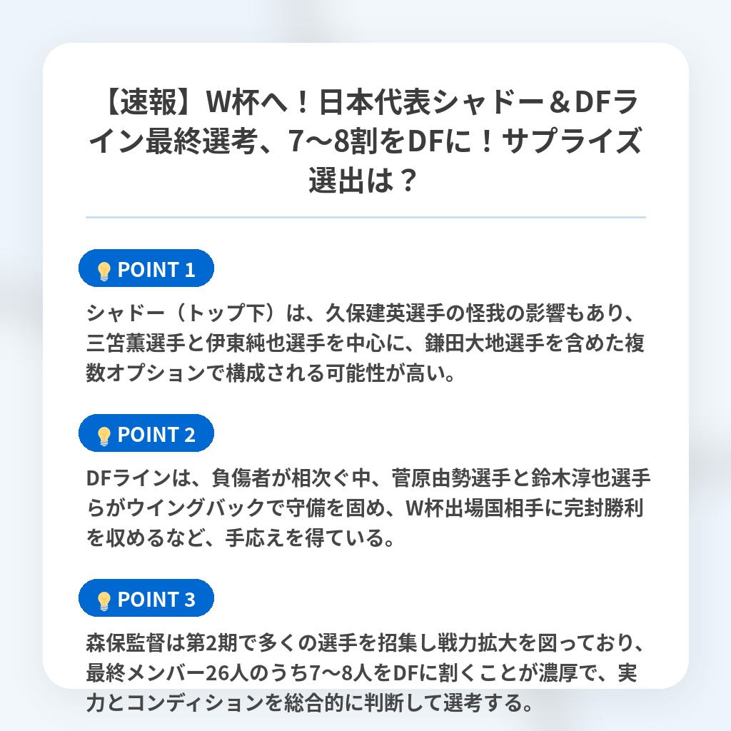 【速報】W杯へ！日本代表シャドー＆DFライン最終選考、7～8割をDFに！サプライズ選出は？の注目ポイントまとめ