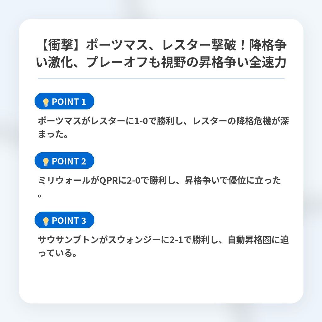 【衝撃】ポーツマス、レスター撃破！降格争い激化、プレーオフも視野の昇格争い全速力の注目ポイントまとめ