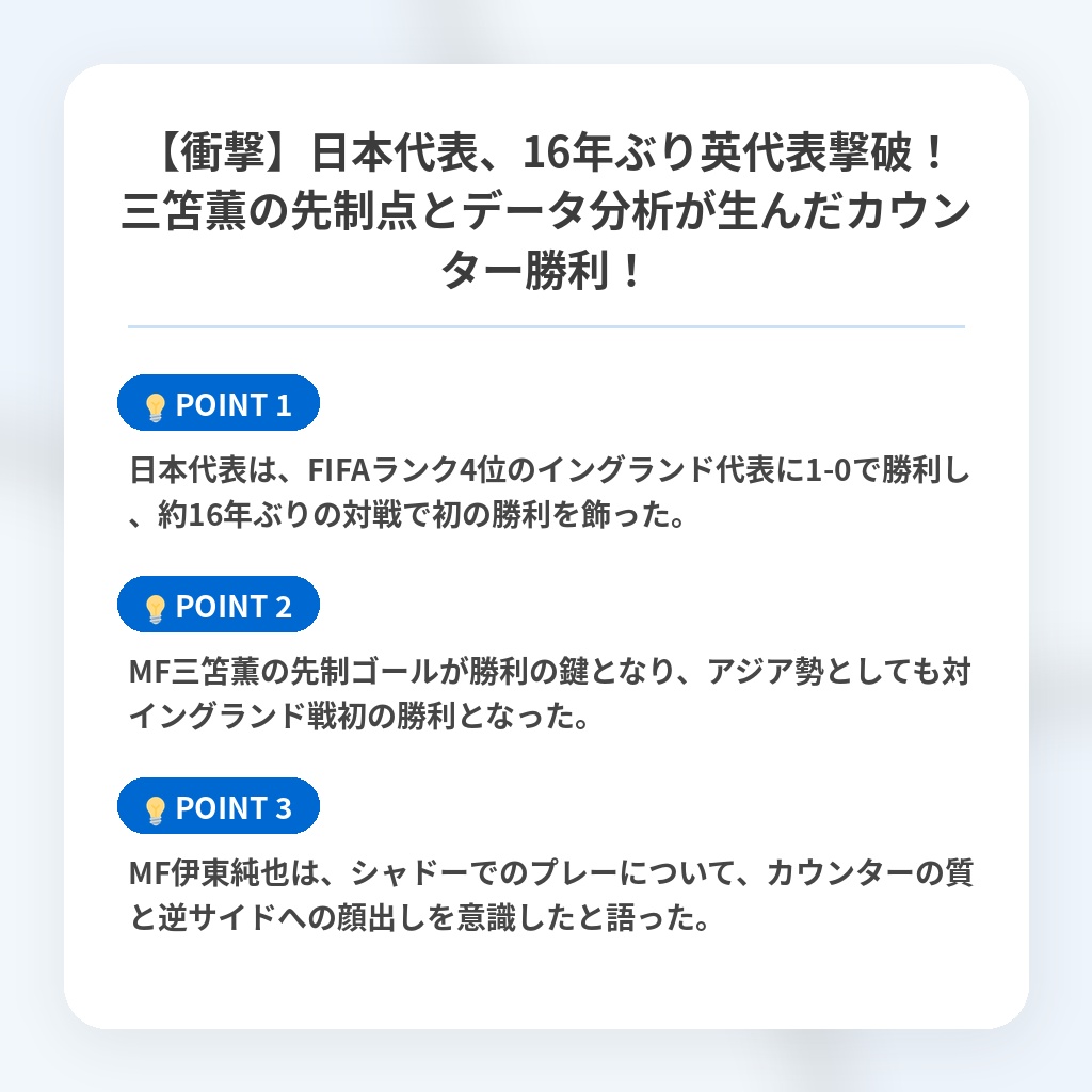 【衝撃】日本代表、16年ぶり英代表撃破！三笘薫の先制点とデータ分析が生んだカウンター勝利！の注目ポイントまとめ
