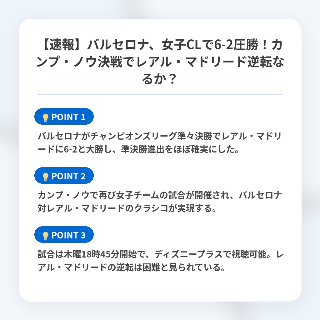 【速報】バルセロナ、女子CLで6-2圧勝！カンプ・ノウ決戦でレアル・マドリード逆転なるか？の注目ポイントまとめ
