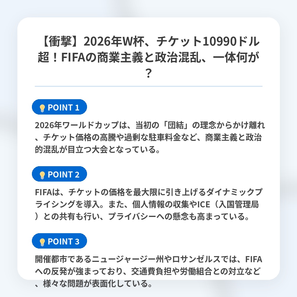【衝撃】2026年W杯、チケット10990ドル超！FIFAの商業主義と政治混乱、一体何が？の注目ポイントまとめ