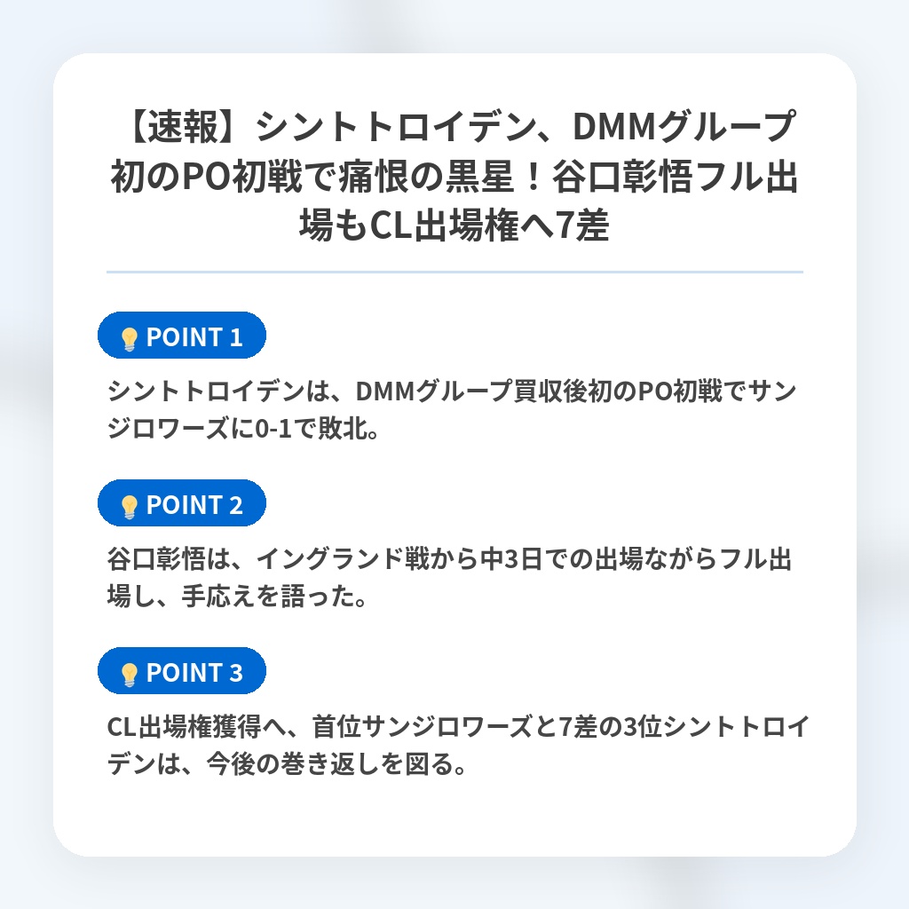 【速報】シントトロイデン、DMMグループ初のPO初戦で痛恨の黒星！谷口彰悟フル出場もCL出場権へ7差の注目ポイントまとめ