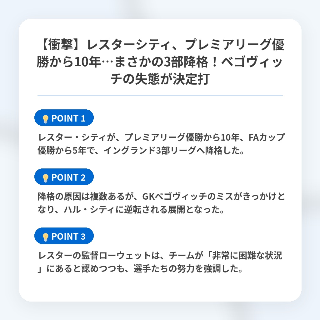 【衝撃】レスターシティ、プレミアリーグ優勝から10年…まさかの3部降格！ベゴヴィッチの失態が決定打の注目ポイントまとめ