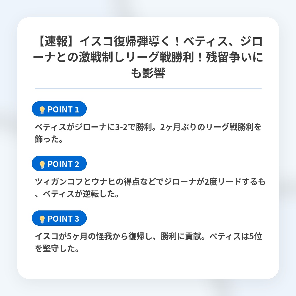 【速報】イスコ復帰弾導く！ベティス、ジローナとの激戦制しリーグ戦勝利！残留争いにも影響の注目ポイントまとめ