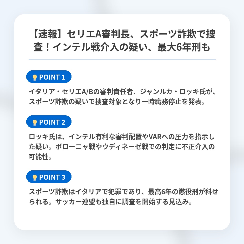 【速報】セリエA審判長、スポーツ詐欺で捜査！インテル戦介入の疑い、最大6年刑もの注目ポイントまとめ