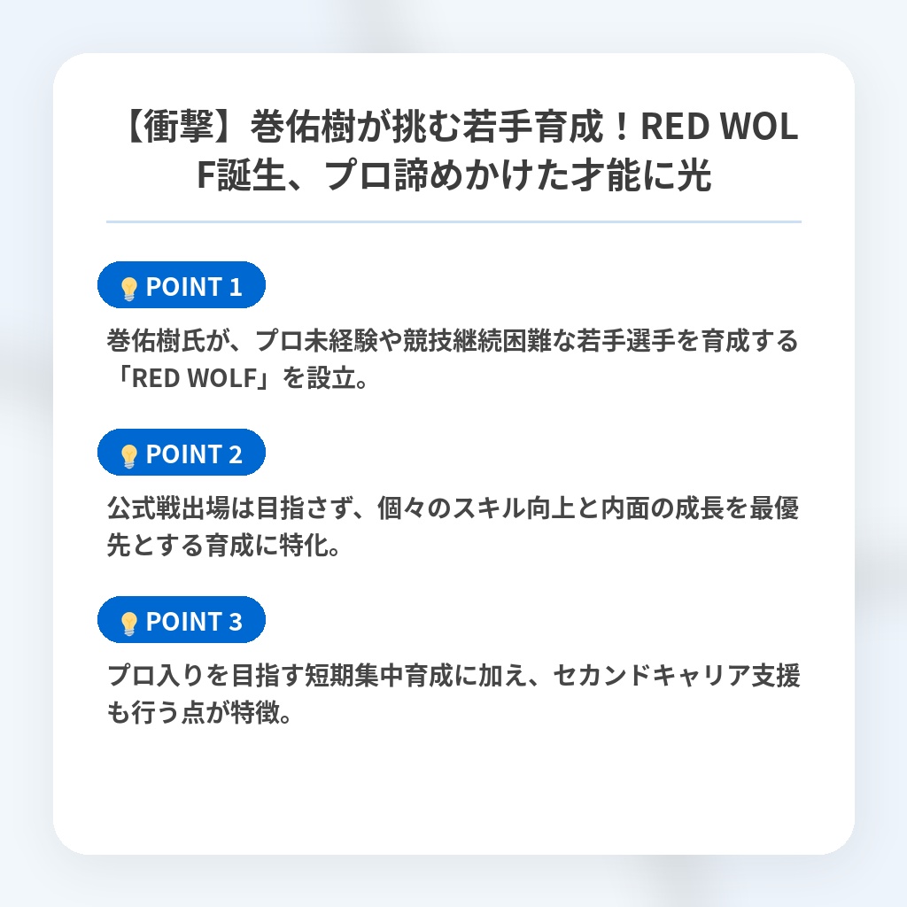 【衝撃】巻佑樹が挑む若手育成！RED WOLF誕生、プロ諦めかけた才能に光の注目ポイントまとめ
