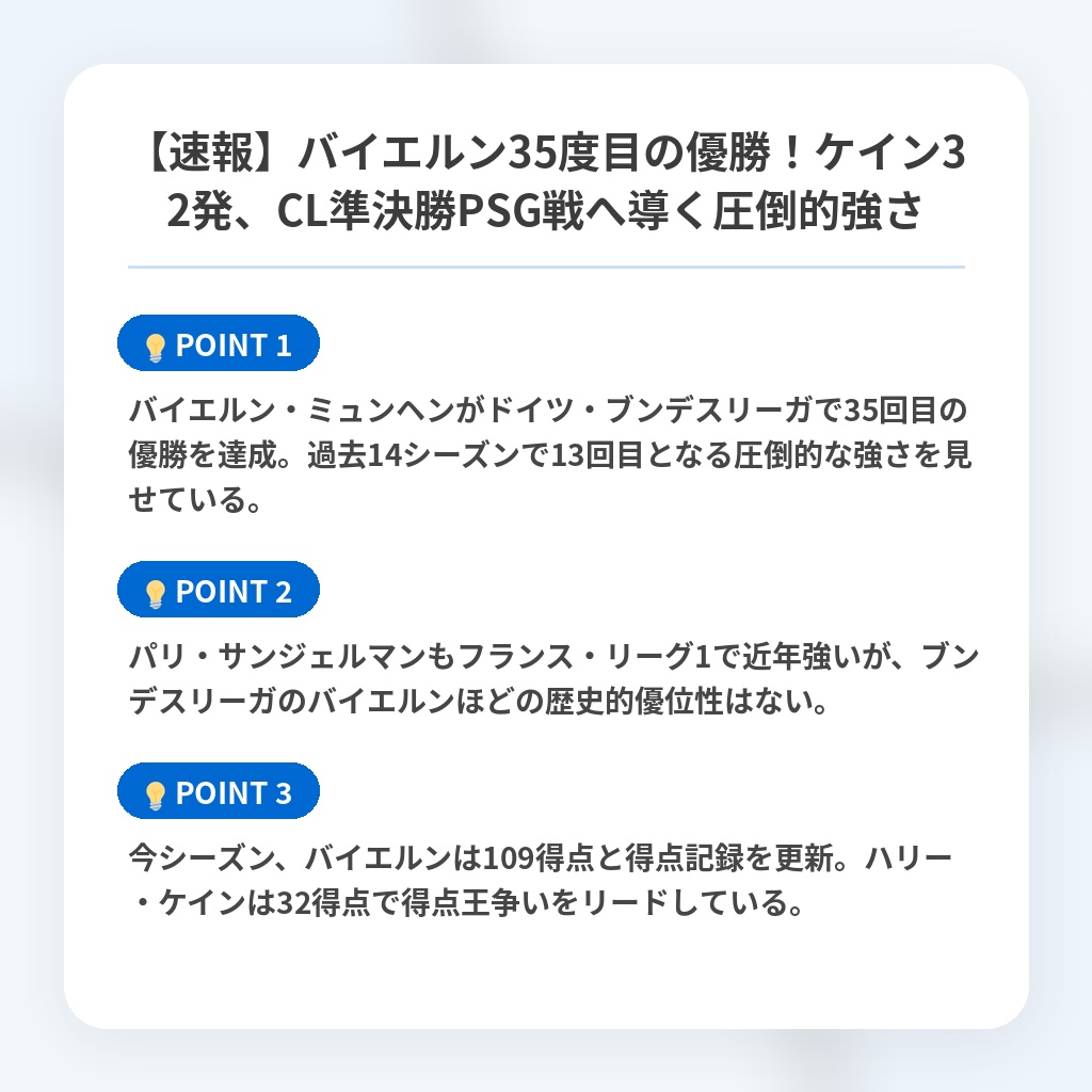 【速報】バイエルン35度目の優勝！ケイン32発、CL準決勝PSG戦へ導く圧倒的強さの注目ポイントまとめ