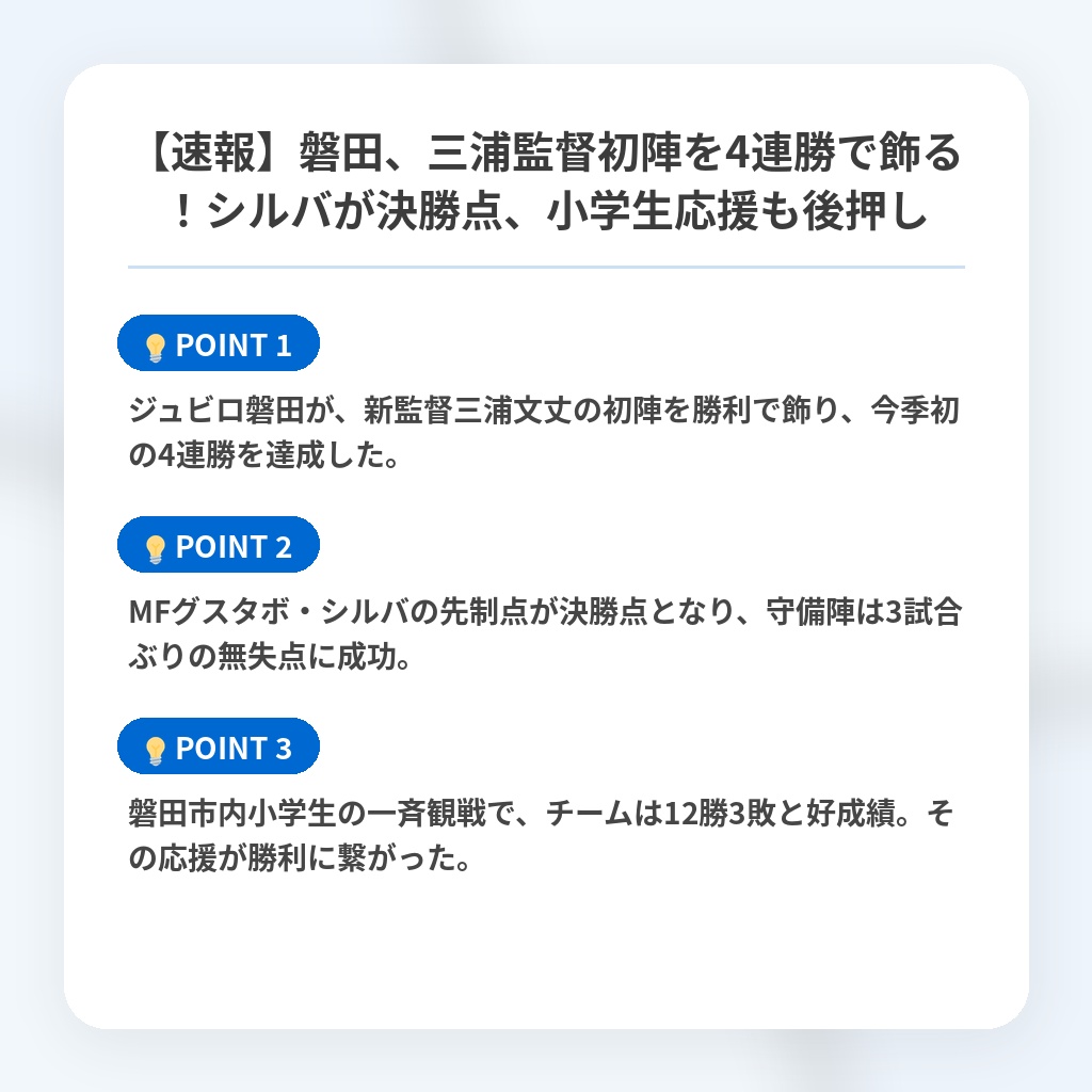 【速報】磐田、三浦監督初陣を4連勝で飾る！シルバが決勝点、小学生応援も後押しの注目ポイントまとめ