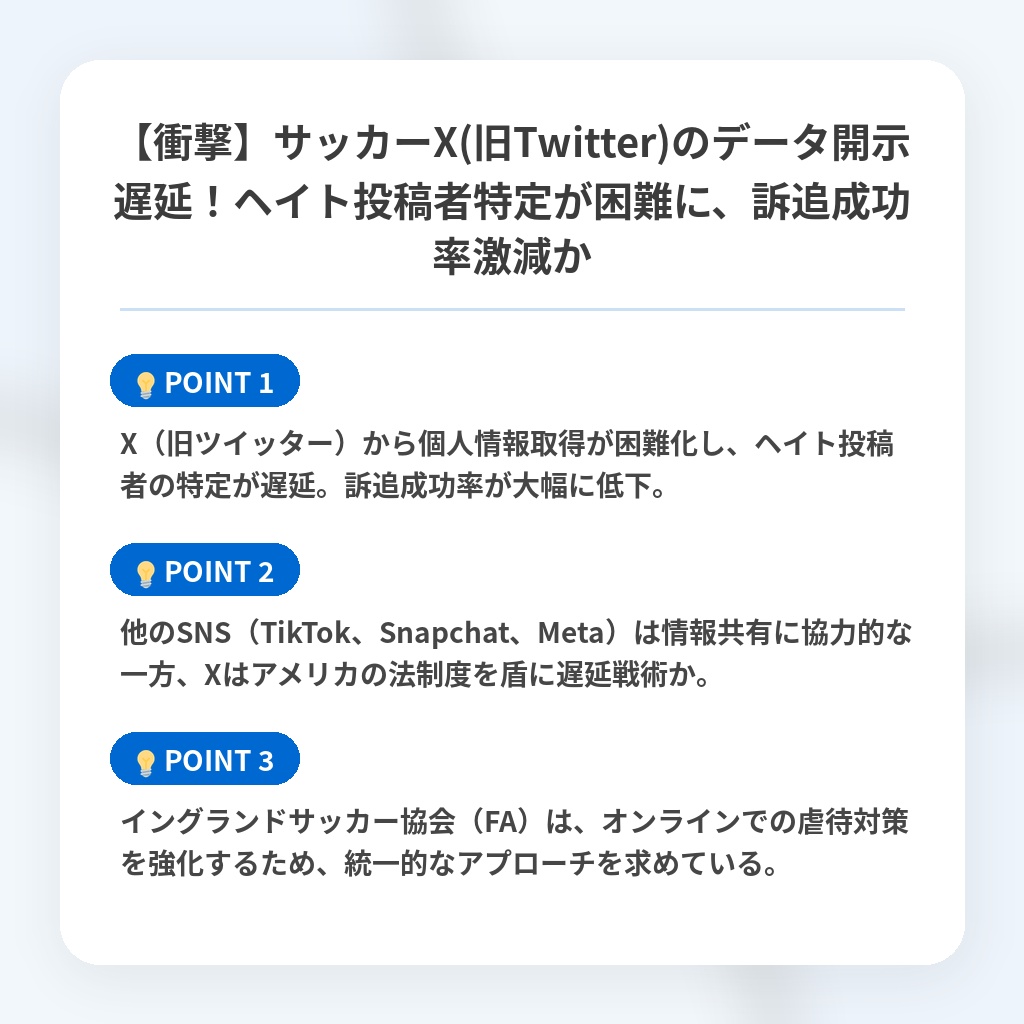 【衝撃】サッカーX(旧Twitter)のデータ開示遅延！ヘイト投稿者特定が困難に、訴追成功率激減かの注目ポイントまとめ