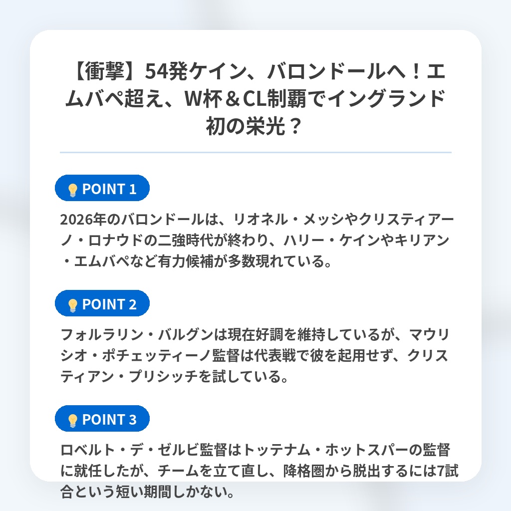 【衝撃】54発ケイン、バロンドールへ！エムバペ超え、W杯＆CL制覇でイングランド初の栄光？の注目ポイントまとめ