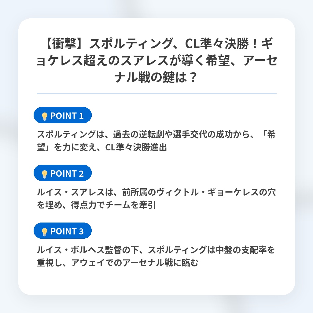 【衝撃】スポルティング、CL準々決勝!ギョケレス超えのスアレスが導く希望、アーセナル戦の鍵は?の注目ポイントまとめ