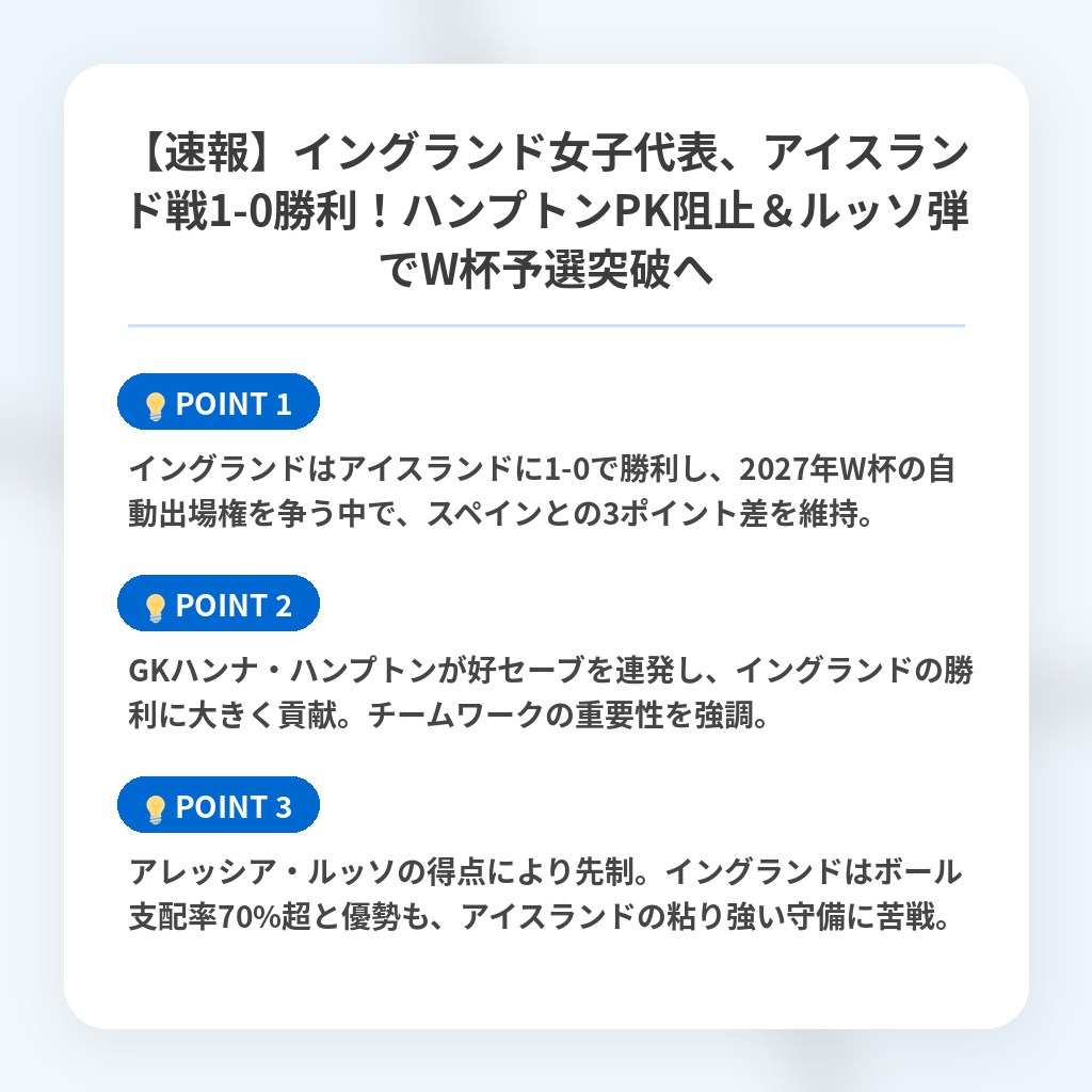 【速報】イングランド女子代表、アイスランド戦1-0勝利！ハンプトンPK阻止＆ルッソ弾でW杯予選突破への注目ポイントまとめ