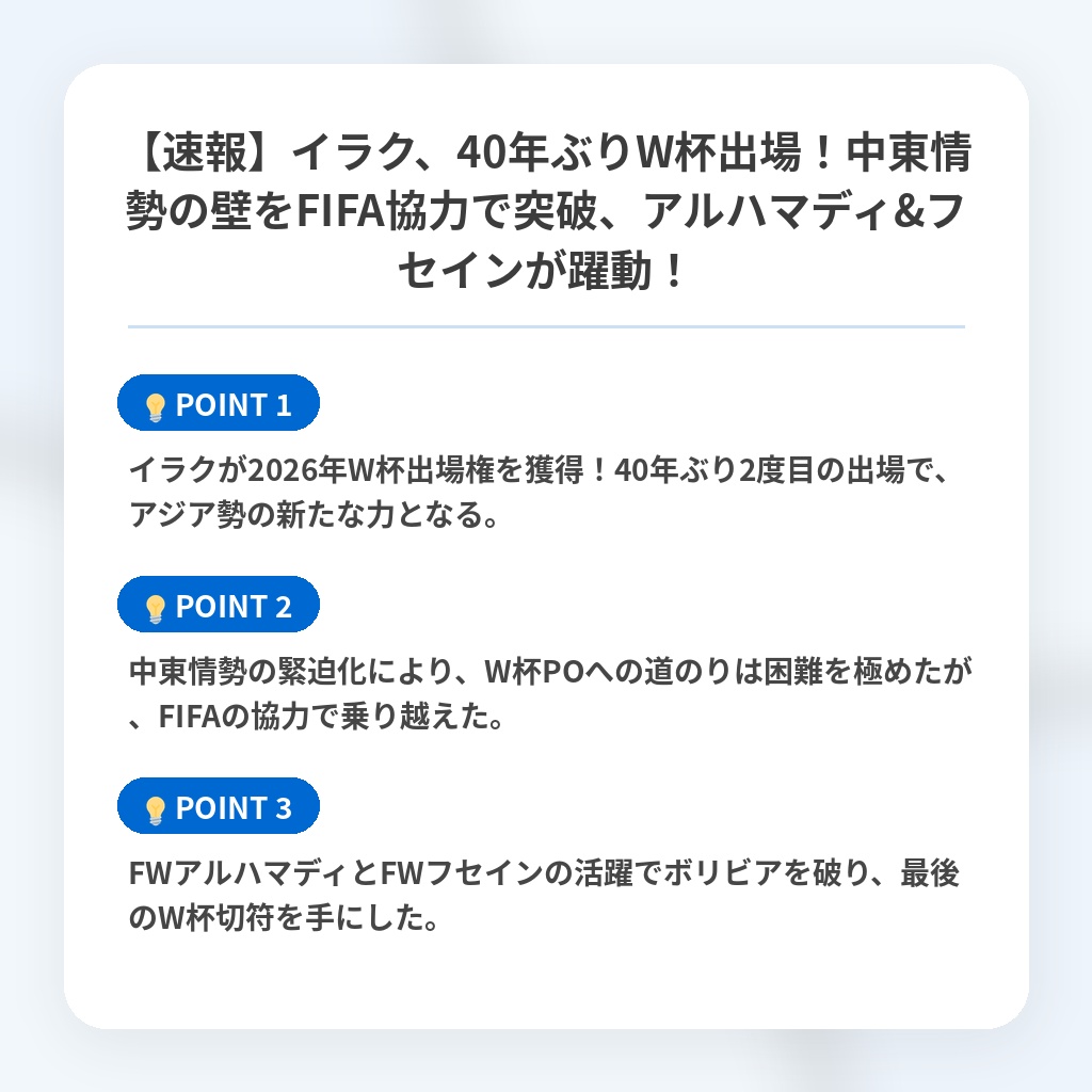 【速報】イラク、40年ぶりW杯出場!中東情勢の壁をFIFA協力で突破、アルハマディ&フセインが躍動!の注目ポイントまとめ