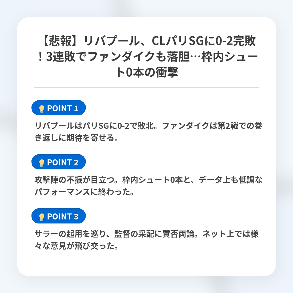 【悲報】リバプール、CLパリSGに0-2完敗！3連敗でファンダイクも落胆…枠内シュート0本の衝撃の注目ポイントまとめ