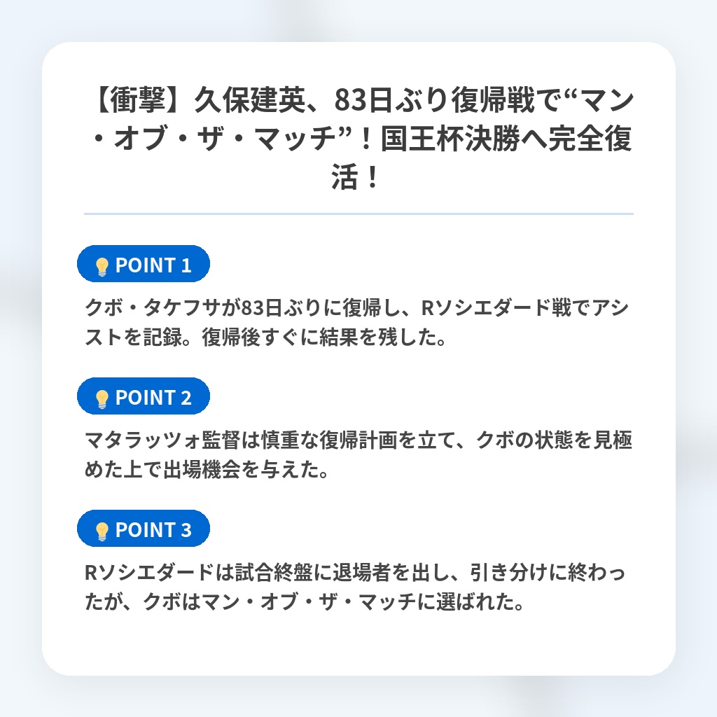 【衝撃】久保建英、83日ぶり復帰戦で“マン・オブ・ザ・マッチ”！国王杯決勝へ完全復活！の注目ポイントまとめ
