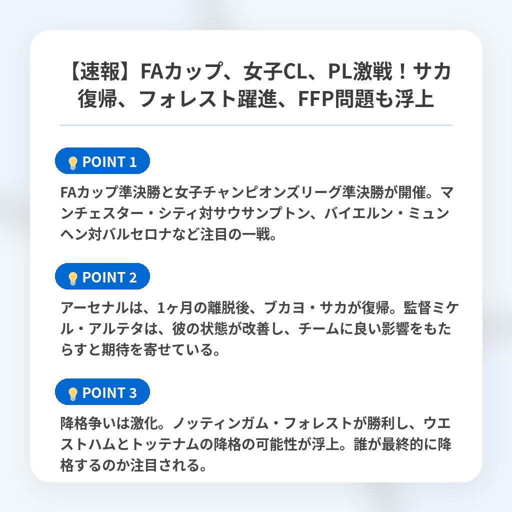 【速報】FAカップ、女子CL、PL激戦！サカ復帰、フォレスト躍進、FFP問題も浮上の注目ポイントまとめ