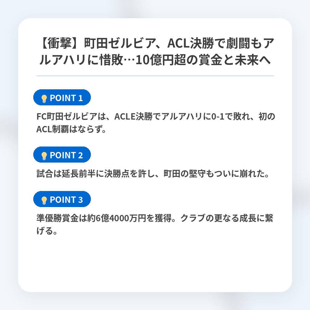 【衝撃】町田ゼルビア、ACL決勝で劇闘もアルアハリに惜敗…10億円超の賞金と未来への注目ポイントまとめ