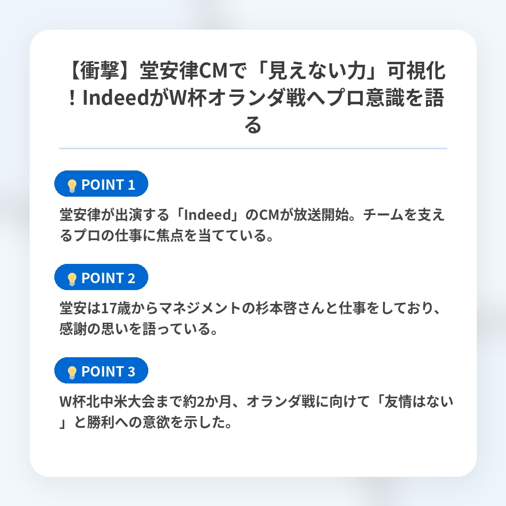 【衝撃】堂安律CMで「見えない力」可視化！IndeedがW杯オランダ戦へプロ意識を語るの注目ポイントまとめ