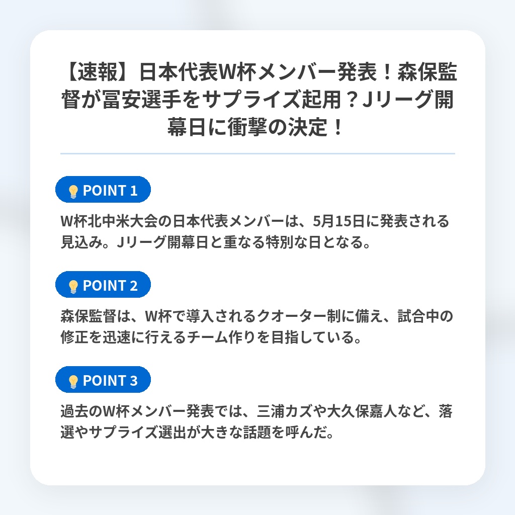 【速報】日本代表W杯メンバー発表！森保監督が冨安選手をサプライズ起用？Jリーグ開幕日に衝撃の決定！の注目ポイントまとめ