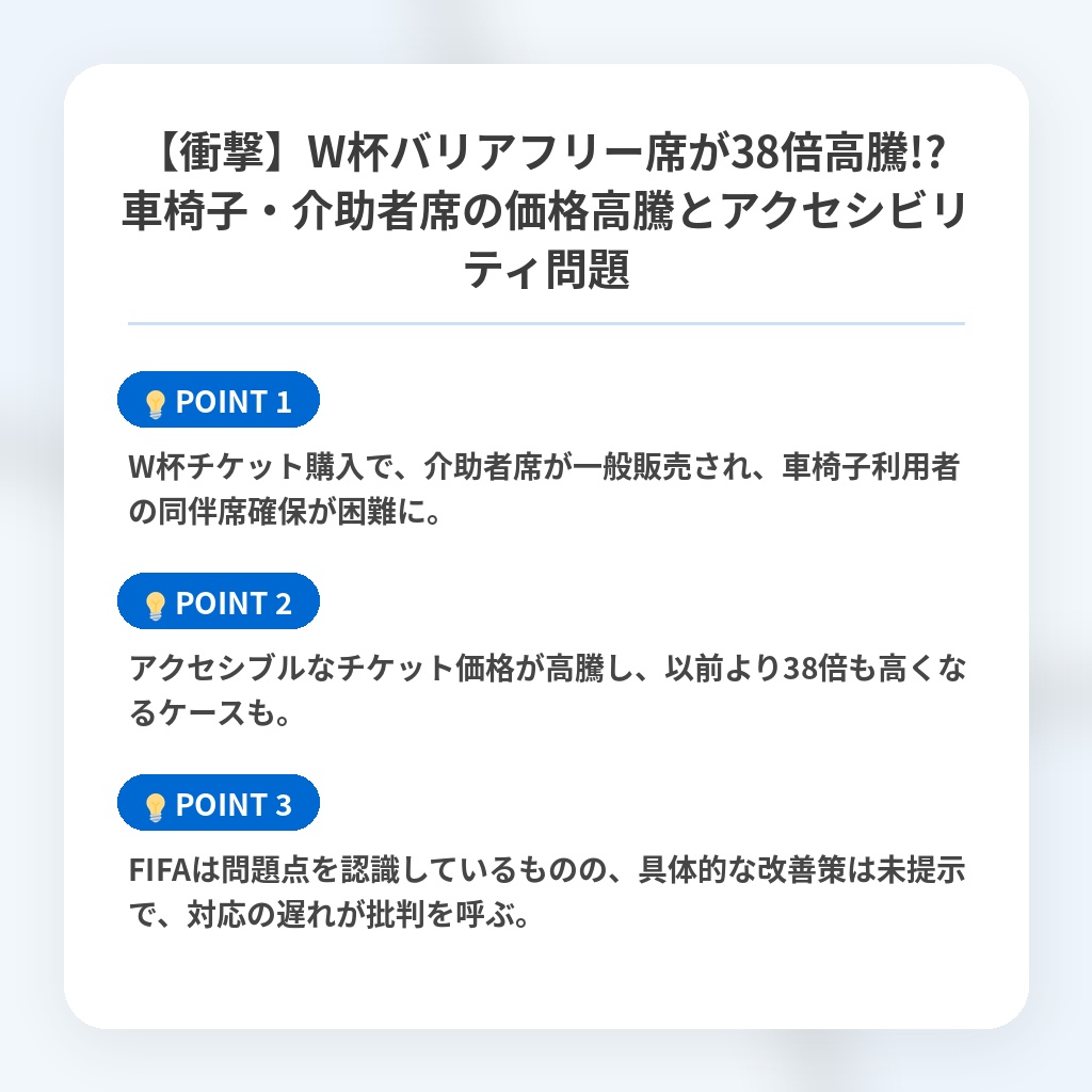 【衝撃】W杯バリアフリー席が38倍高騰!? 車椅子・介助者席の価格高騰とアクセシビリティ問題の注目ポイントまとめ