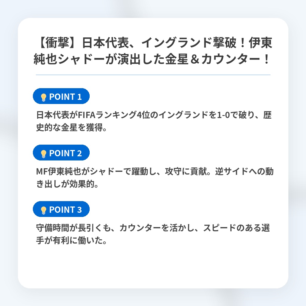 【衝撃】日本代表、イングランド撃破!伊東純也シャドーが演出した金星&カウンター!の注目ポイントまとめ