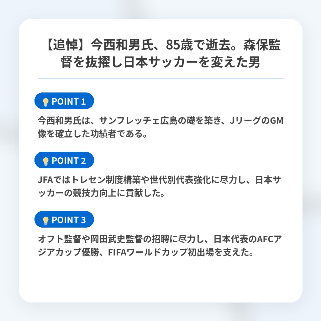 【追悼】今西和男氏、85歳で逝去。森保監督を抜擢し日本サッカーを変えた男の注目ポイントまとめ