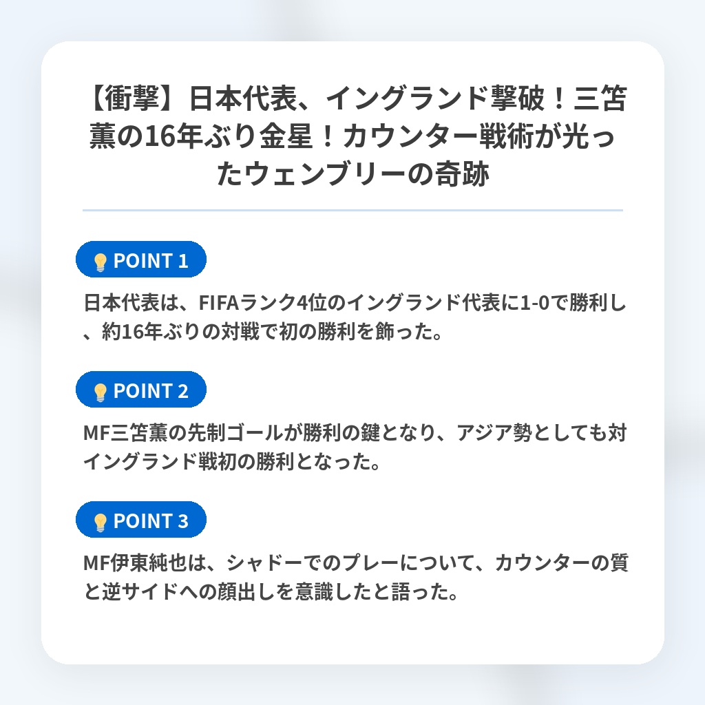【衝撃】日本代表、イングランド撃破！三笘薫の16年ぶり金星！カウンター戦術が光ったウェンブリーの奇跡の注目ポイントまとめ