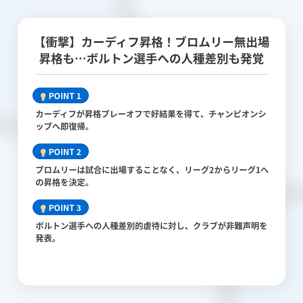 【衝撃】カーディフ昇格！ブロムリー無出場昇格も…ボルトン選手への人種差別も発覚の注目ポイントまとめ