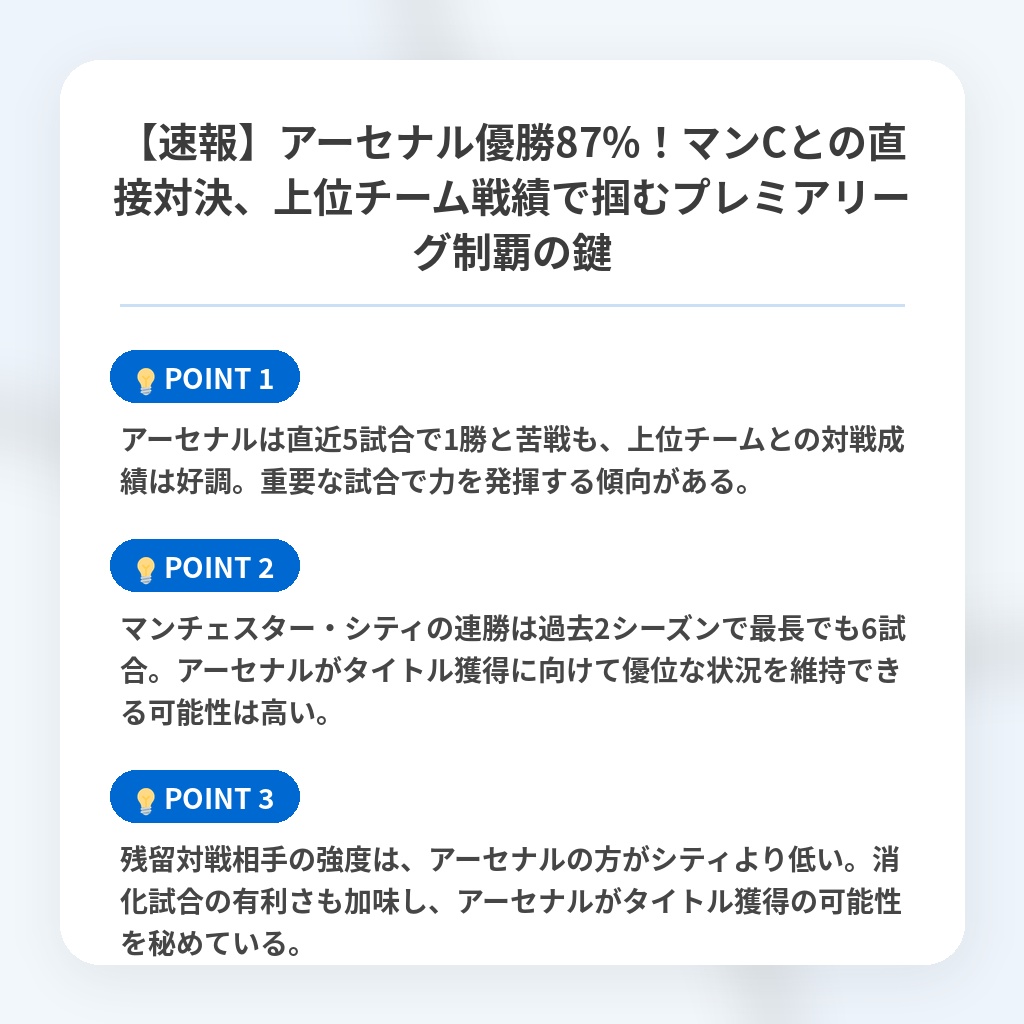 【速報】アーセナル優勝87%！マンCとの直接対決、上位チーム戦績で掴むプレミアリーグ制覇の鍵の注目ポイントまとめ